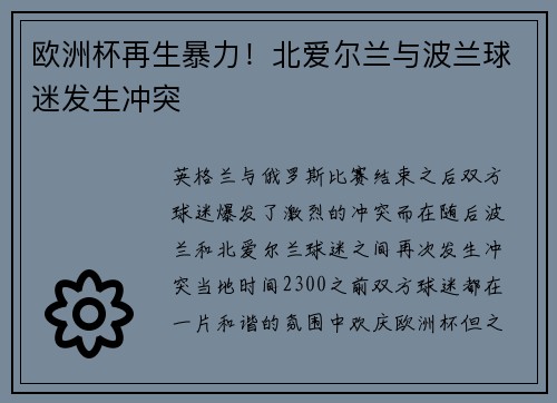 欧洲杯再生暴力！北爱尔兰与波兰球迷发生冲突