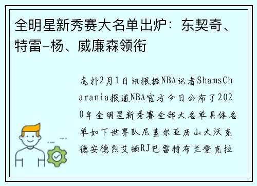 全明星新秀赛大名单出炉：东契奇、特雷-杨、威廉森领衔