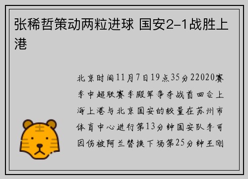 张稀哲策动两粒进球 国安2-1战胜上港
