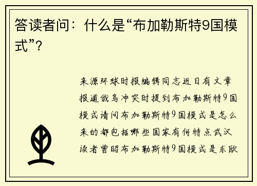 答读者问：什么是“布加勒斯特9国模式”？